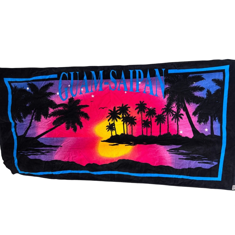 Vintage Guam Saipan Tropical Sunset Beach Towel Pink Purple 100% Cotton Boat Par